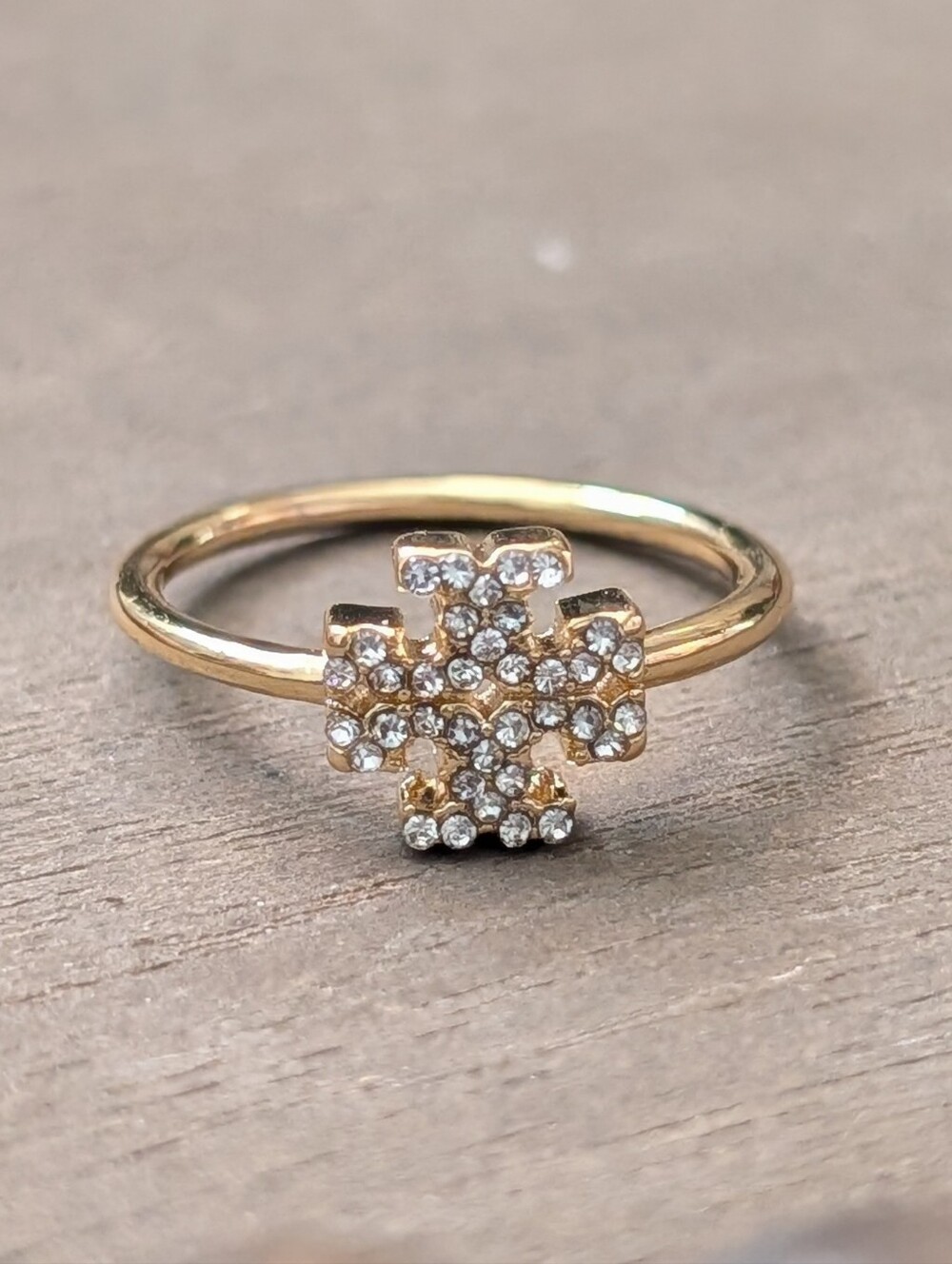TORY BURCH Miller Pave Double T Logo Delicate Ring Size 7